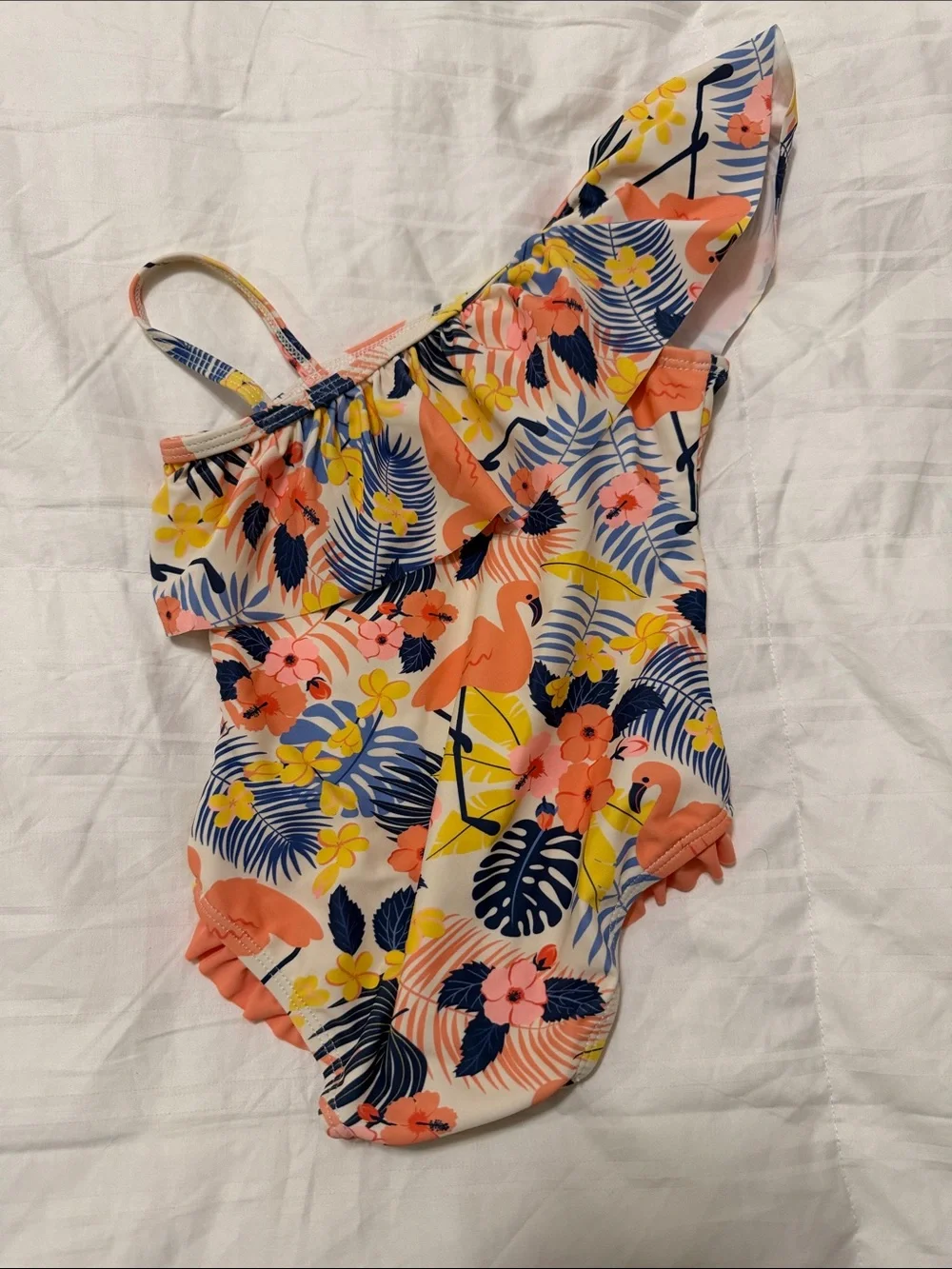 Girls' Flamingo One-Shoulder Swimsuit - Coral Floral